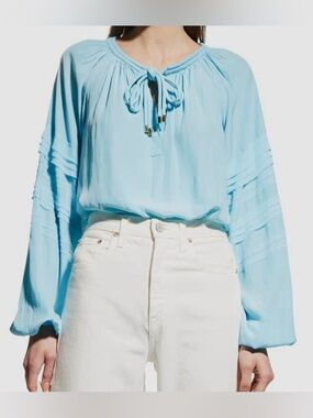 Ramy Brook Reggie Light Blue Peasant Blouse with Tie Neck
